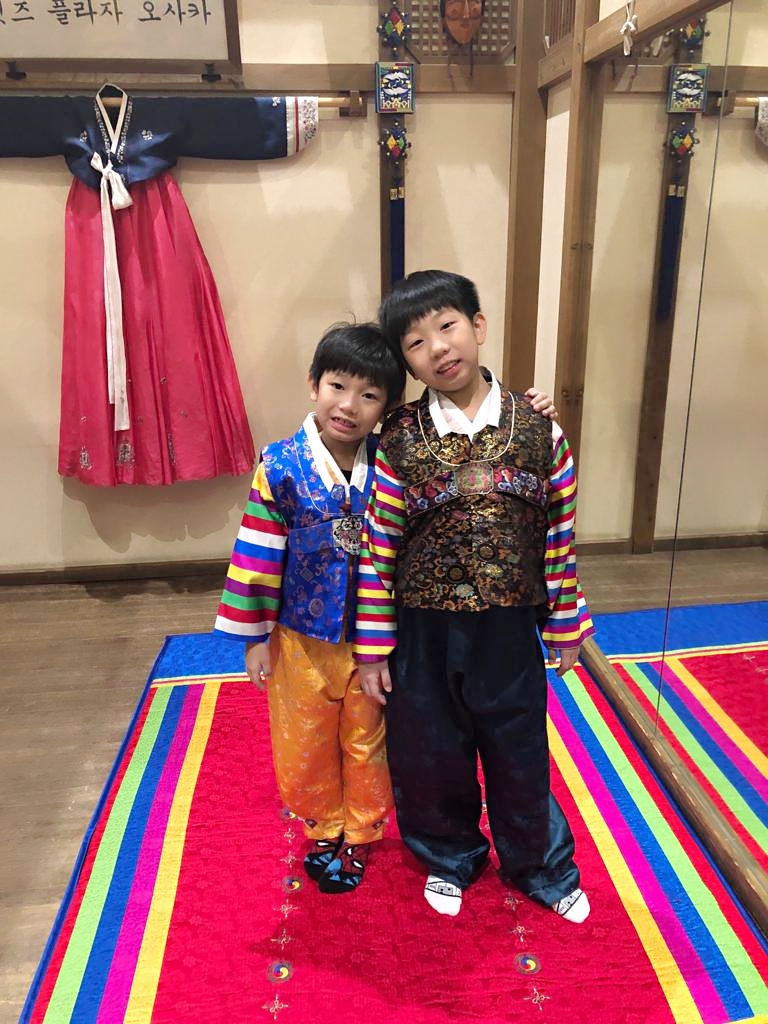 2 young boys in japanese traditional clothes at Osaka Kids Plaza