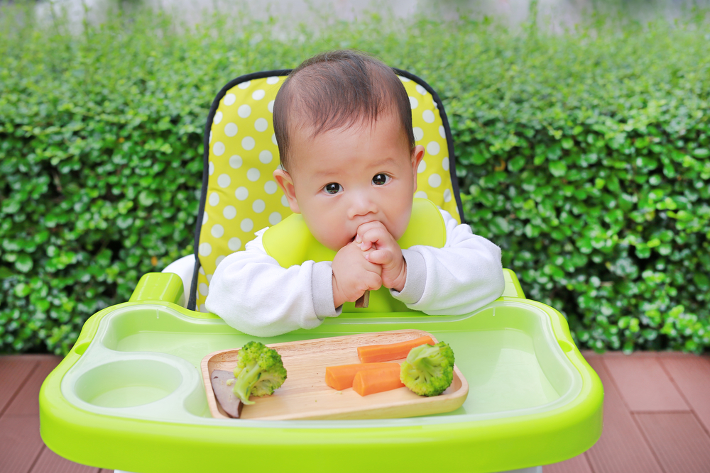 baby led weaning baby eating carrots and broccoli in high chair