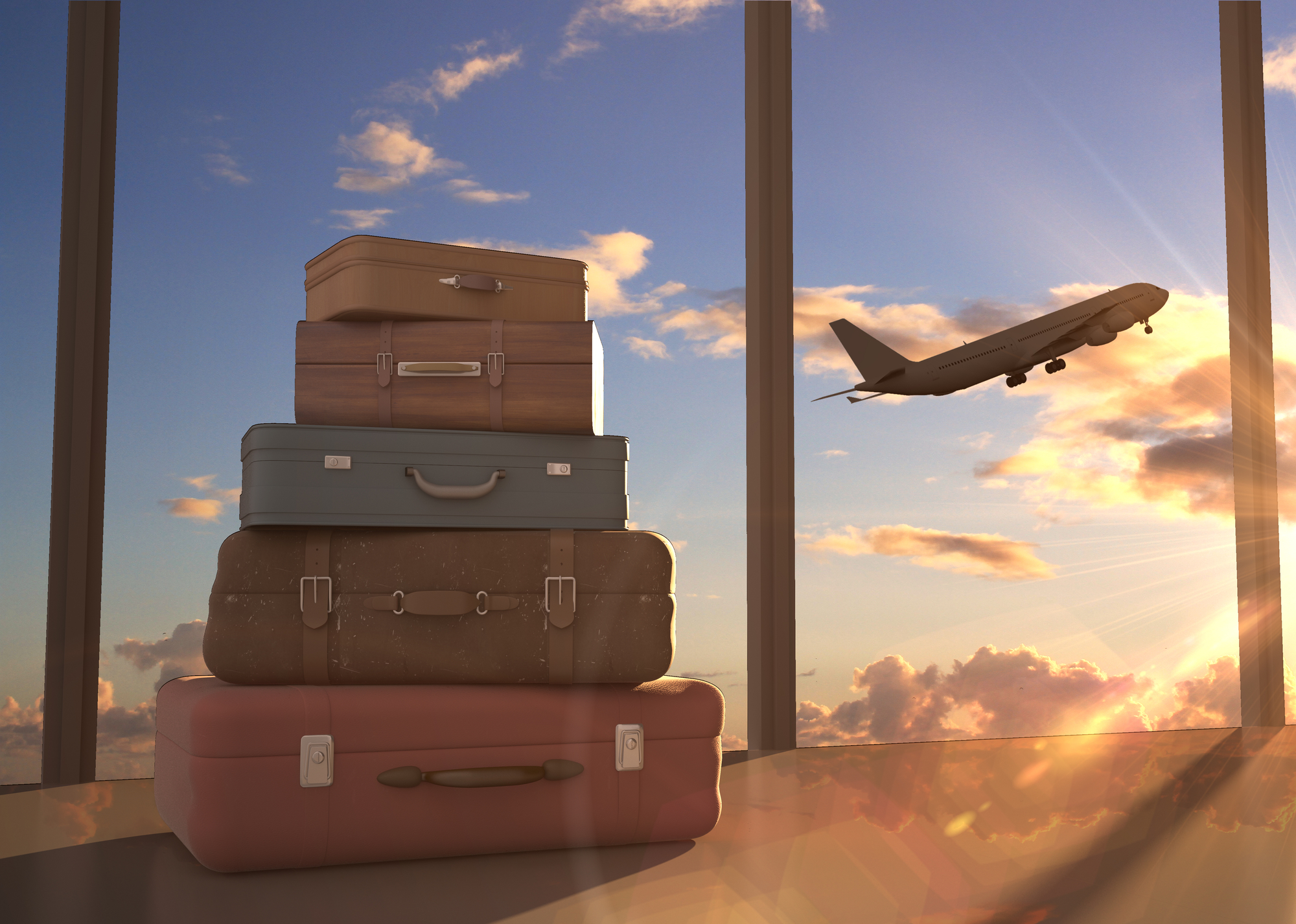 stacked suitcases and luggage at airport with airplane taking off