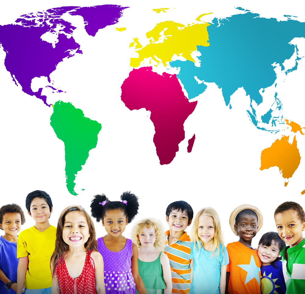 kids from different parts of the world and the world map