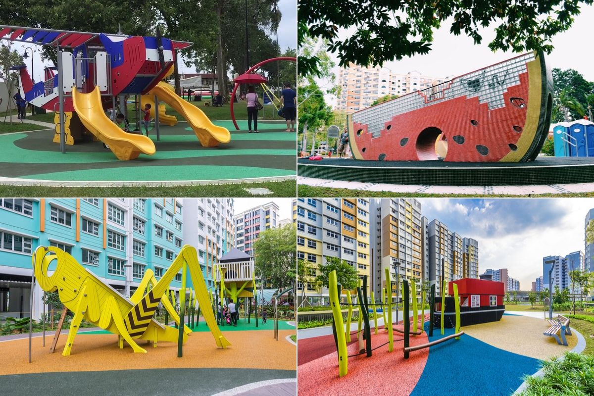photo collage of themed outdoor playgrounds in Singapore